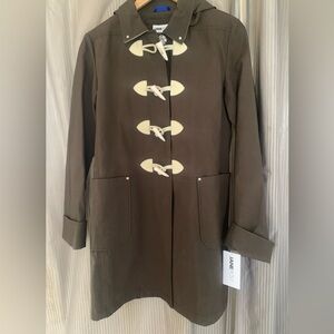 Jane Post Dark Olive Toggle Coat with Cream Accents